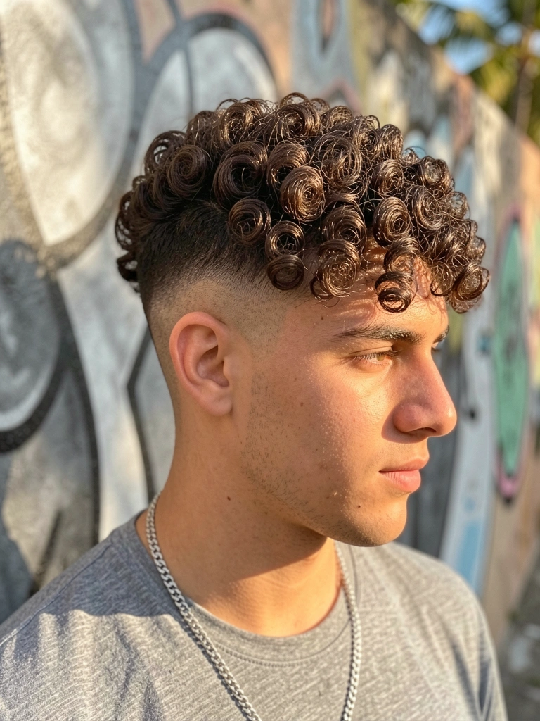 Jovem de cabelo crespo castanho escuro com undercut, camiseta cinza e corrente de prata, fundo de muro com grafite desfocado, luz natural do dia.