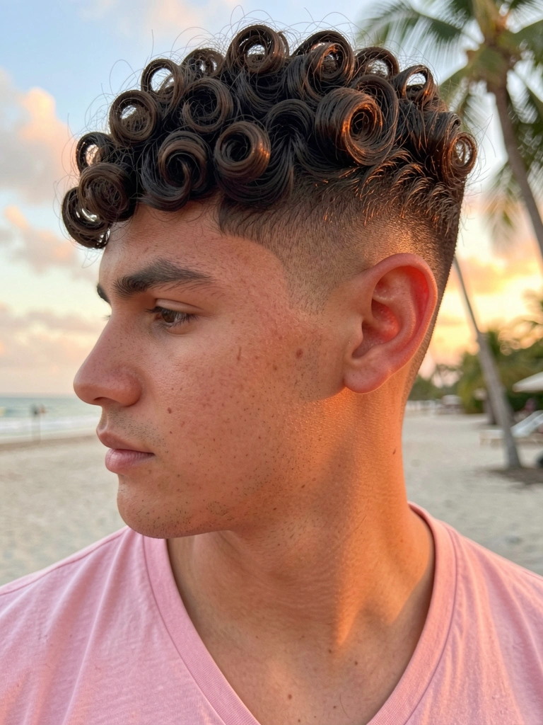 Jovem com cabelo cacheado escuro em corte degrade baixo, camiseta rosa claro, luz dourada do entardecer ao fundo.