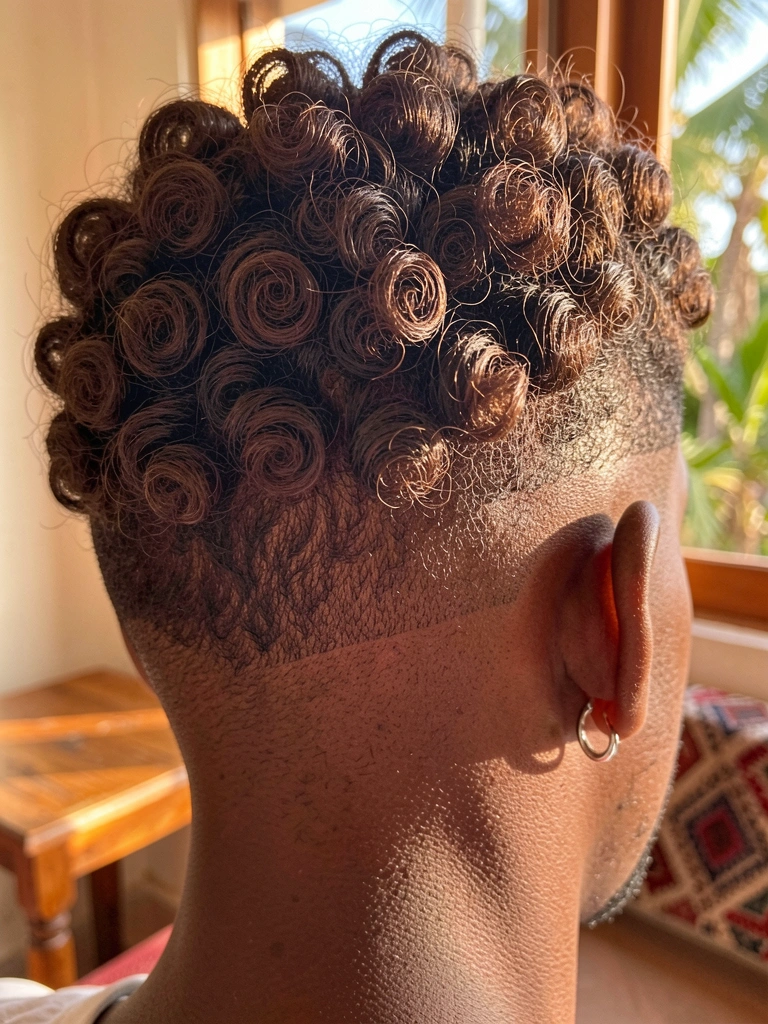 Homem com cabelo crespo escuro cortado rente na nuca, brinco de argola prateado, fundo desfocado com mesa de madeira e tecido estampado, luz natural quente.