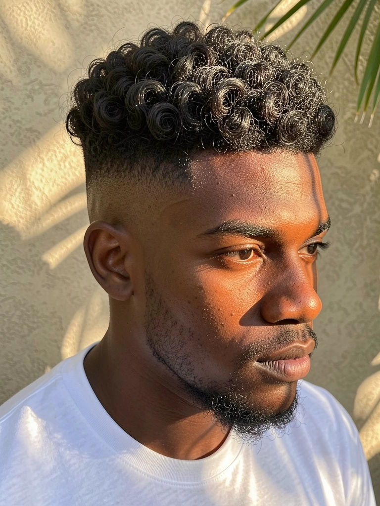 Close-up de homem negro com cabelo texturizado em undercut, barba aparada e camiseta branca, luz natural suave e parede texturizada ao fundo.
