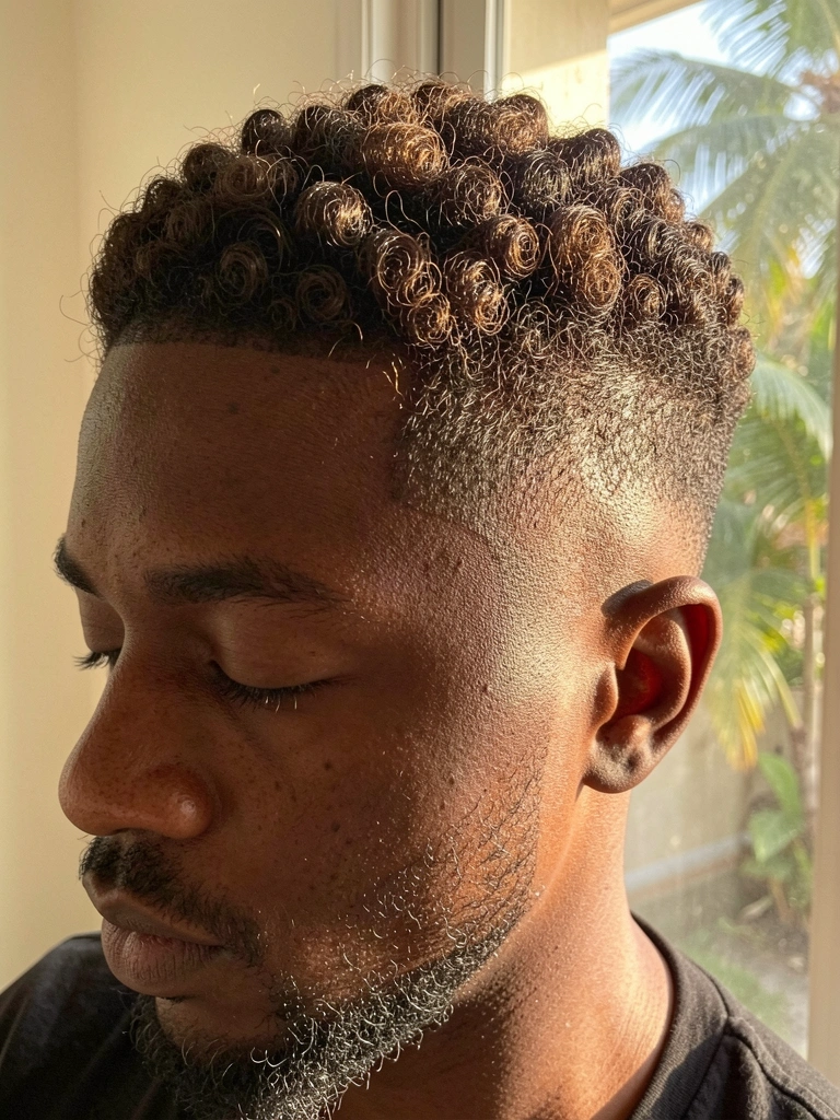 Homem negro com cabelo black power em fade baixo, barba aparada, luz natural difusa filtrada por janela.