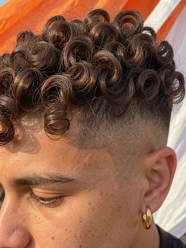 Jovem com cabelo cacheado escuro em undercut com fade, brincos de argola dourados, luz natural e fundo com tecido laranja e branco.