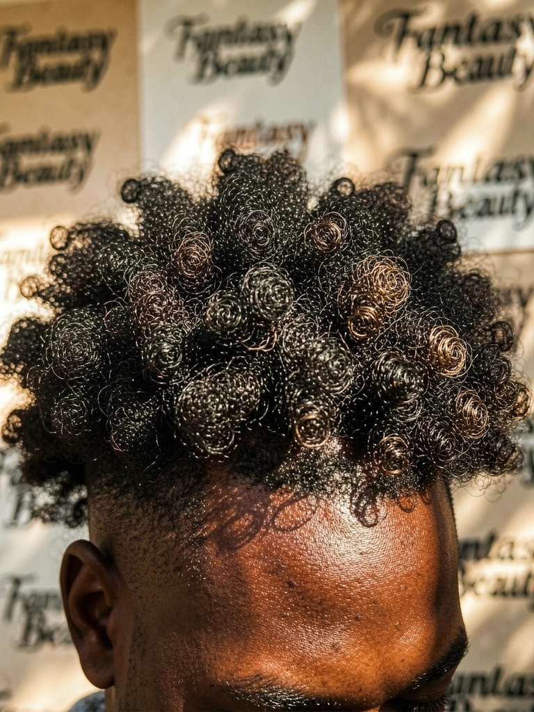 Homem negro com cabelo afro volumoso e texturizado, fade baixo, luz difusa, fundo com etiquetas 