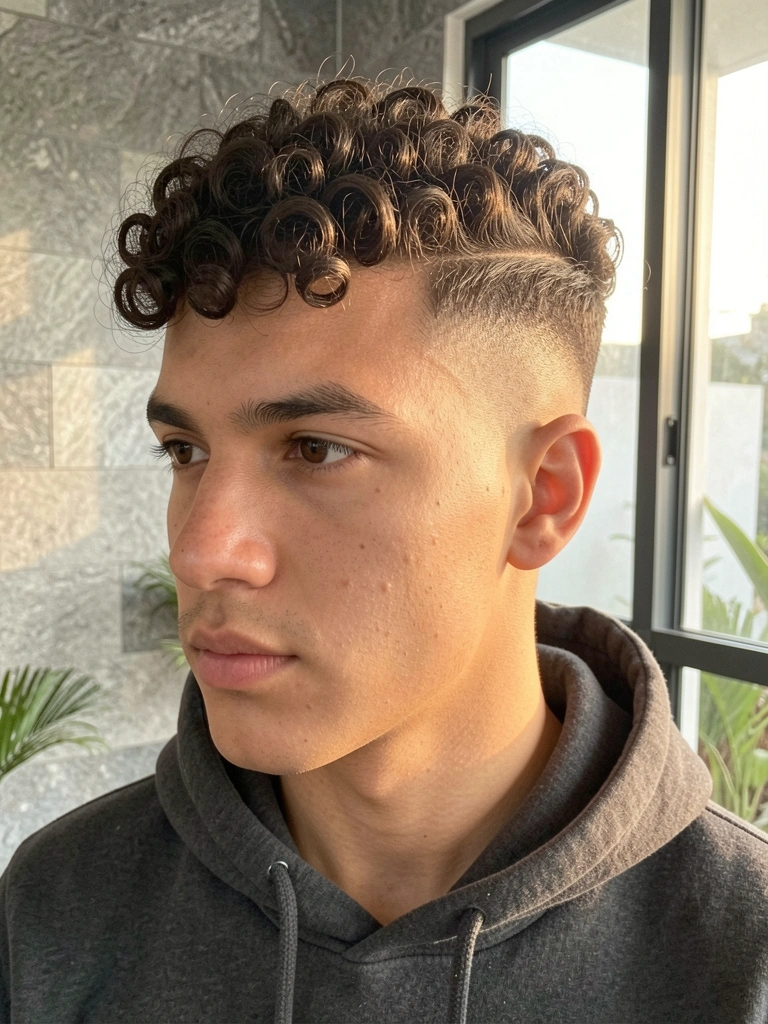 Jovem com cabelo cacheado escuro e corte low fade, moletom cinza, luz difusa destacando textura, fundo de parede de pedra e janela moderna.
