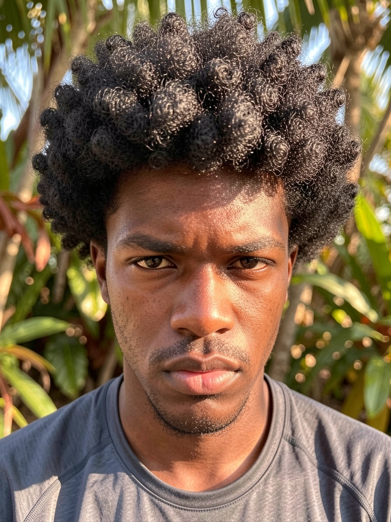 Homem negro com cabelo afro volumoso, barba por fazer, olhar intenso, camisa cinza escura, luz natural filtrada por folhagens ao fundo.