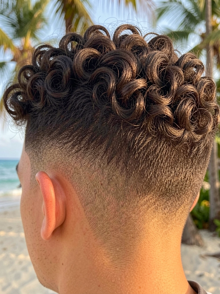Jovem com cabelo cacheado escuro em corte undercut com fade, luz natural difusa e fundo tropical desfocado.