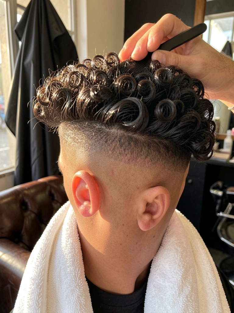 Close-up de cabelo afro crespo com pompadour low fade, pente e toalha branca sobre os ombros, luz natural de salão.