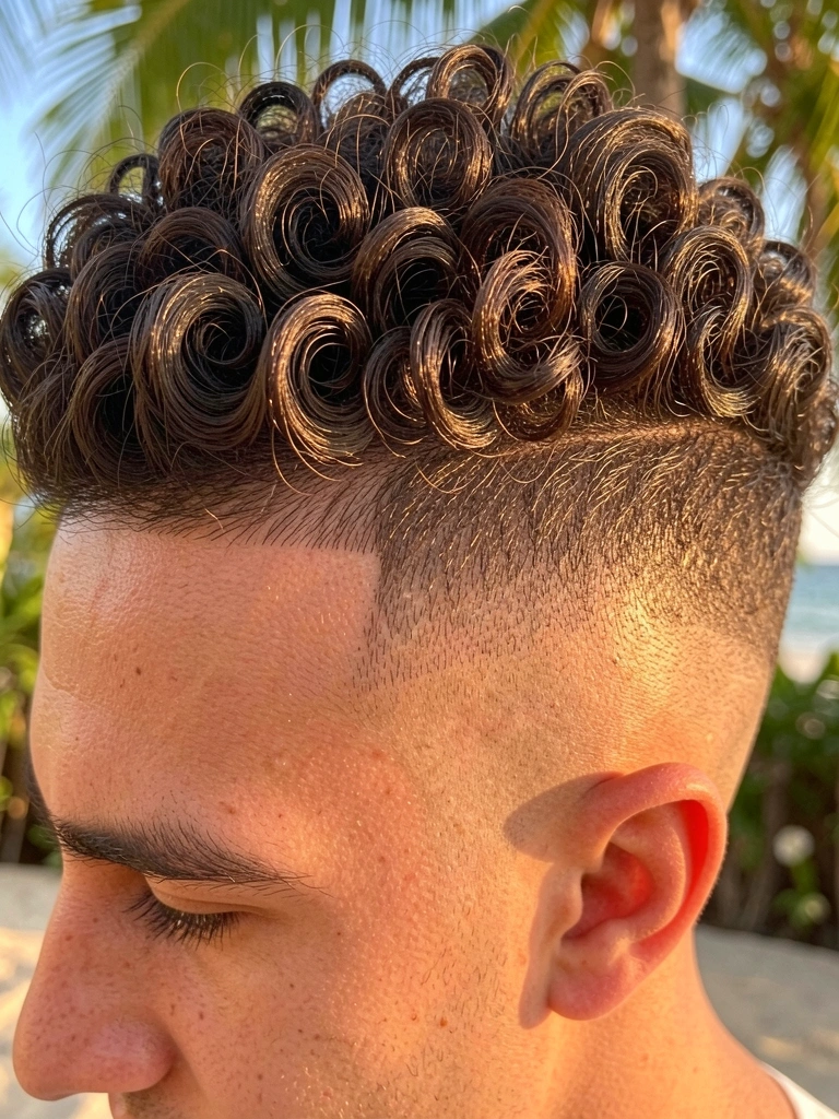 Homem com cabelo cacheado escuro, corte undercut e textura em camadas, iluminado por luz natural quente, fundo tropical desfocado.