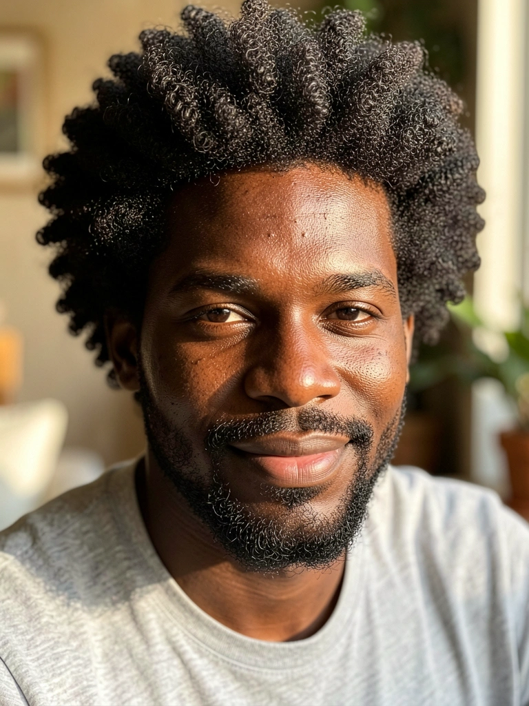 Homem negro com cabelo afro volumoso e barba feita, camiseta cinza, luz natural, fundo desfocado.