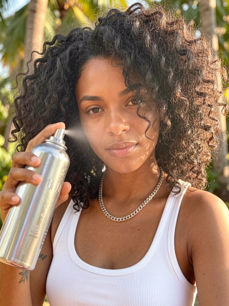 Cabelo cacheado volumoso sendo borrifado com frasco prateado, colar de prata e tatuagem no braço, luz natural quente e fundo desfocado.