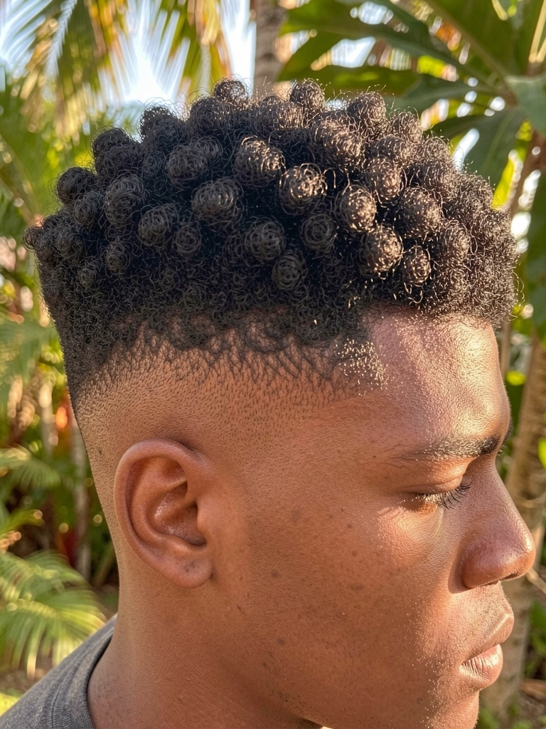 Close-up de homem negro com cabelo afro texturizado, corte undercut e fade, luz natural filtrada por folhagens tropicais.