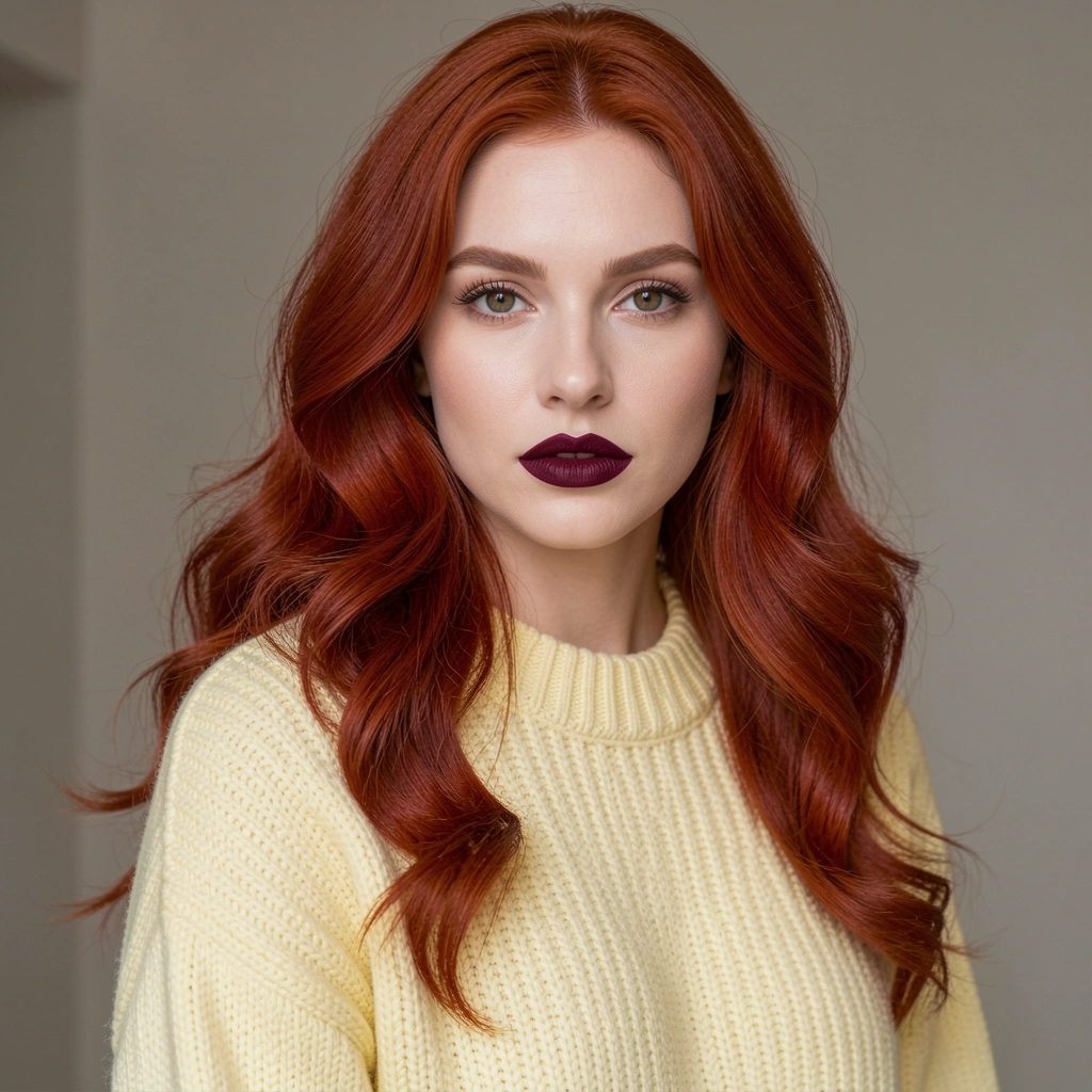 Cabelo ruivo vibrante em tricô amarelo-pálido com batom vinho profundo.