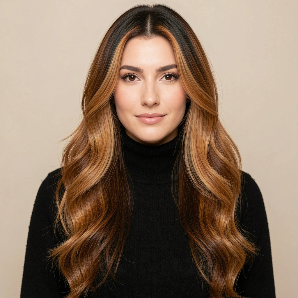 Cabelos longos e ondulados com balayage em tons quentes, suéter preto de gola alta.
