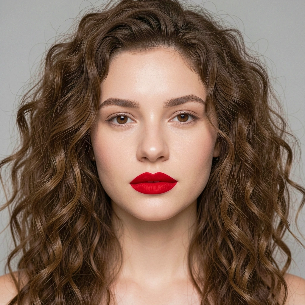 Lábios com batom vermelho vibrante, cabelos cacheados volumosos e pele iluminada com maquiagem minimalista.