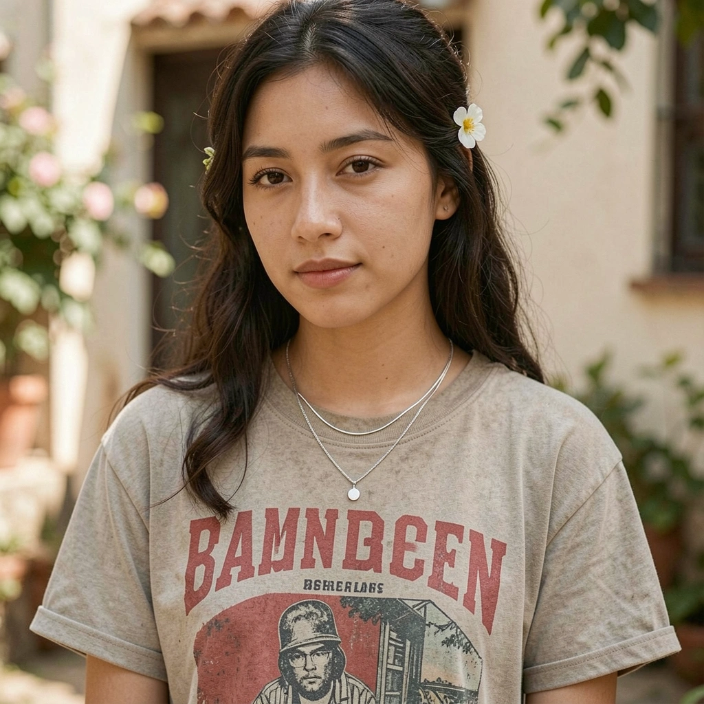 Camiseta branca com estampa vintage, colar de prata fina e flor pequena no cabelo.