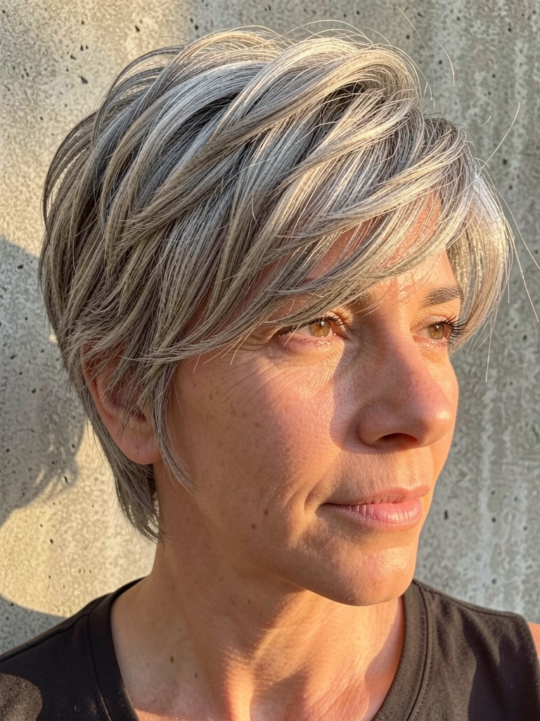 Close-up de mulher madura com cabelo grisalho e loiro curto e texturizado, ondas naturais, luz do dia quente, fundo de parede de concreto.
