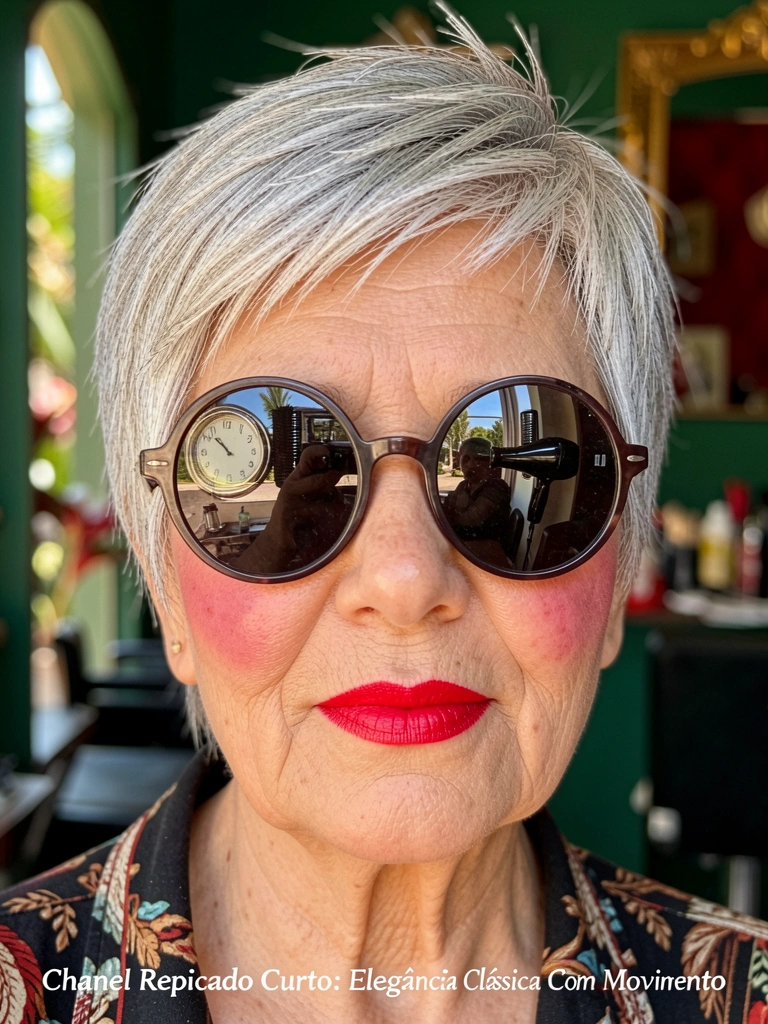 Close-up de senhora elegante com cabelo grisalho repicado, batom vermelho e óculos escuros redondos, refletindo relógio e secador de cabelo em salão de beleza.