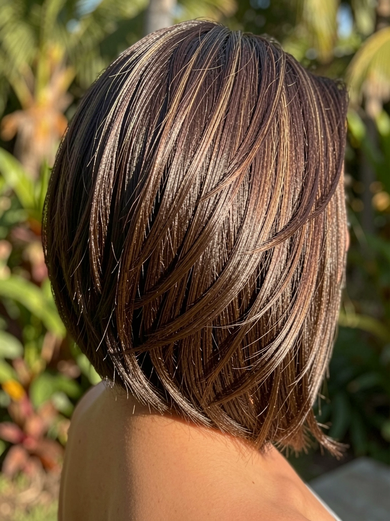 Mulher com cabelo castanho escuro em corte bob assimétrico, com textura e movimento, em luz natural difusa, fundo de jardim desfocado.
