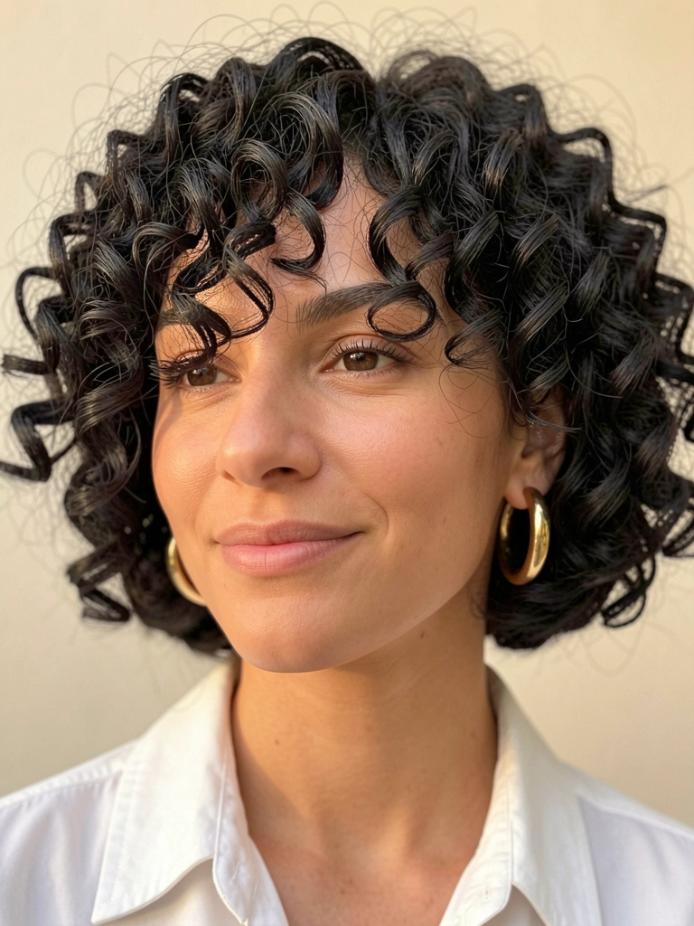 Retrato de mulher com cabelo cacheado curto, brincos de argola dourados e blusa branca, iluminado por luz natural suave contra parede bege desfocada.
