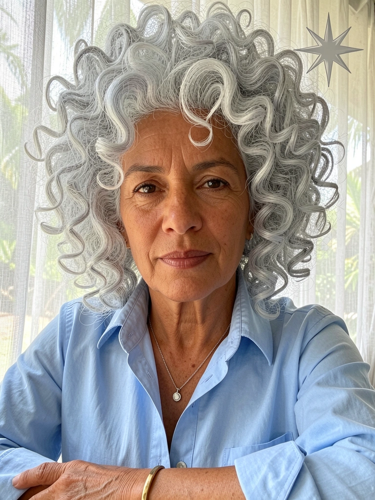 Close-up de mulher madura com cabelo prateado encaracolado volumoso, camisa azul-clara e colar de prata, luz natural difusa com estouro de luz no canto superior direito.