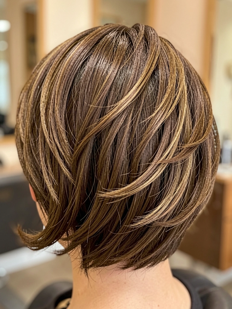 Cabelo castanho em bob curto com camadas e ondas sutis, fundo desfocado com tons neutros e iluminação suave.