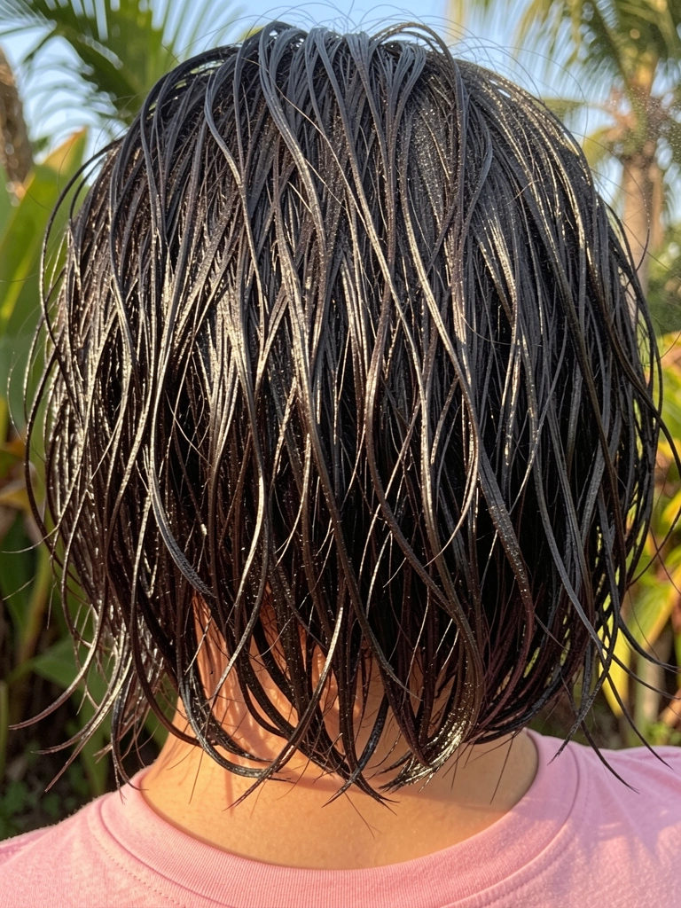 Mulher com cabelo preto volumoso em corte bob assimétrico, textura úmida e brilhante sob luz natural, fundo com folhagens tropicais.