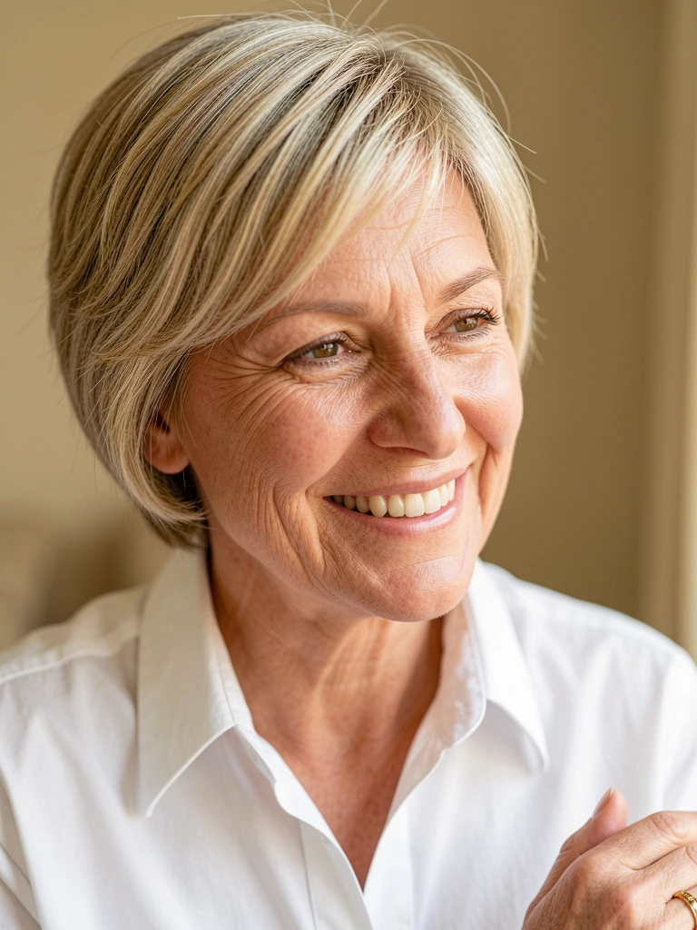 Retrato de mulher madura com cabelo loiro texturizado, camisa branca e sorriso genuíno, luz natural suave e fundo bege desfocado.