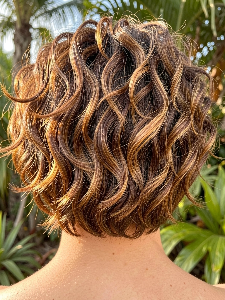 Close de cabelo curto texturizado com mechas carameladas e ondas definidas, luz natural destacando os fios e folhagens ao fundo com desfoque.