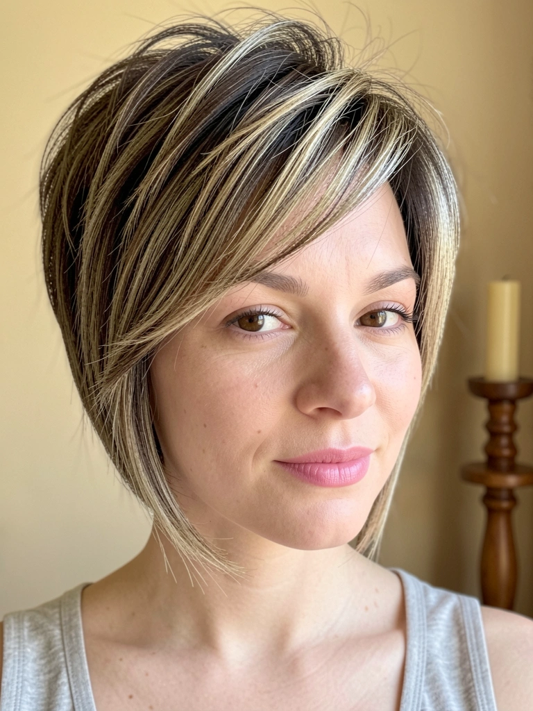 Retrato em close de mulher com cabelo curto texturizado, mechas loiro-claro e castanho-escuro, fundo bege claro com castiçal de madeira, luz natural suave.