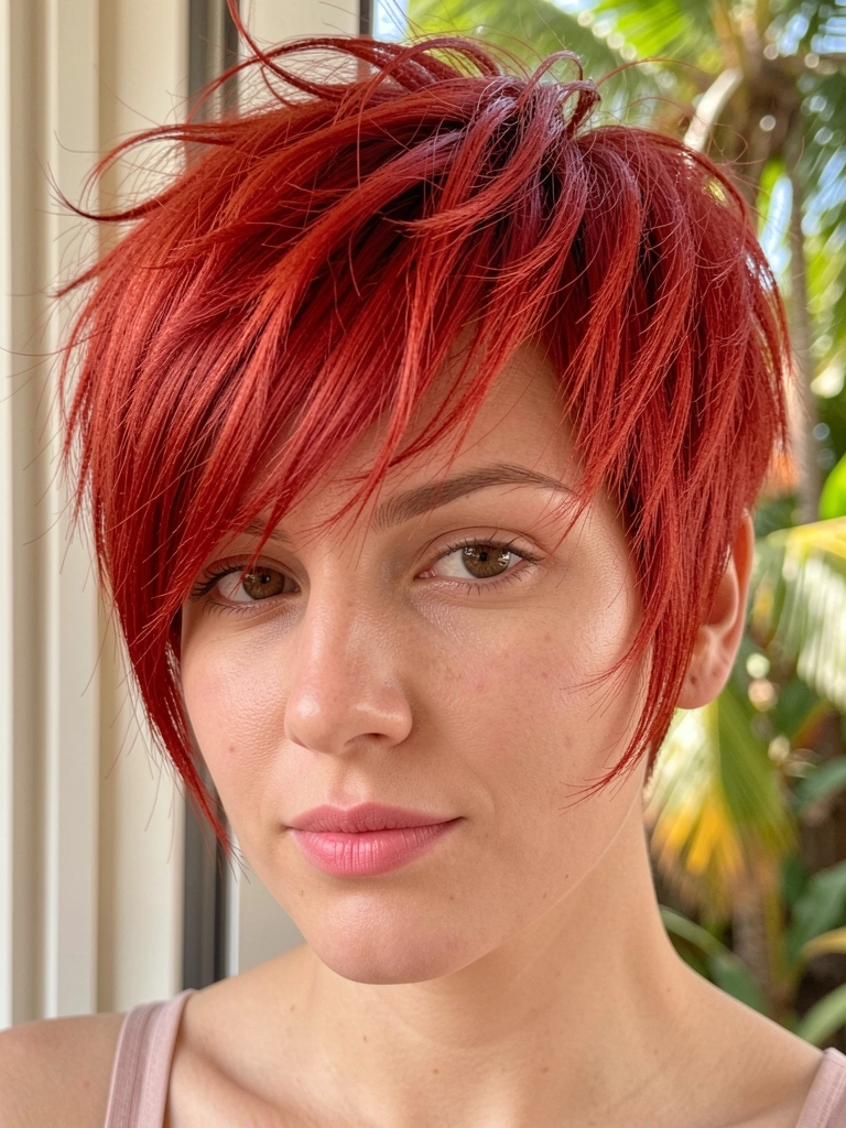 Close-up de mulher com cabelo ruivo curto e texturizado, pele clara e batom rosa, luz natural difusa e fundo desfocado.