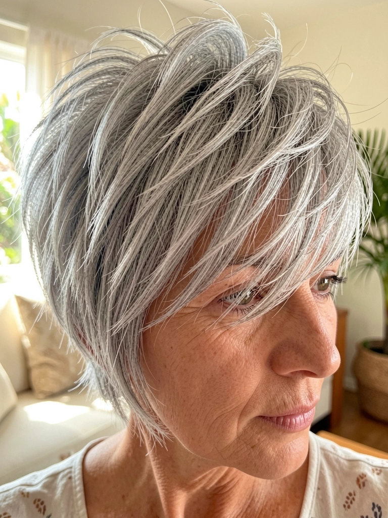 Close-up de mulher idosa com cabelo prateado curto e texturizado, luz natural difusa destacando os fios, fundo com verde e sala clara.