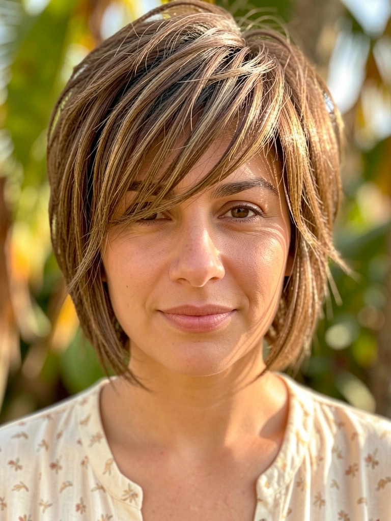 Mulher com cabelo castanho curto e texturizado, corte shag com camadas, mechas sutis e top creme com estampa, fundo desfocado com luz natural tropical.