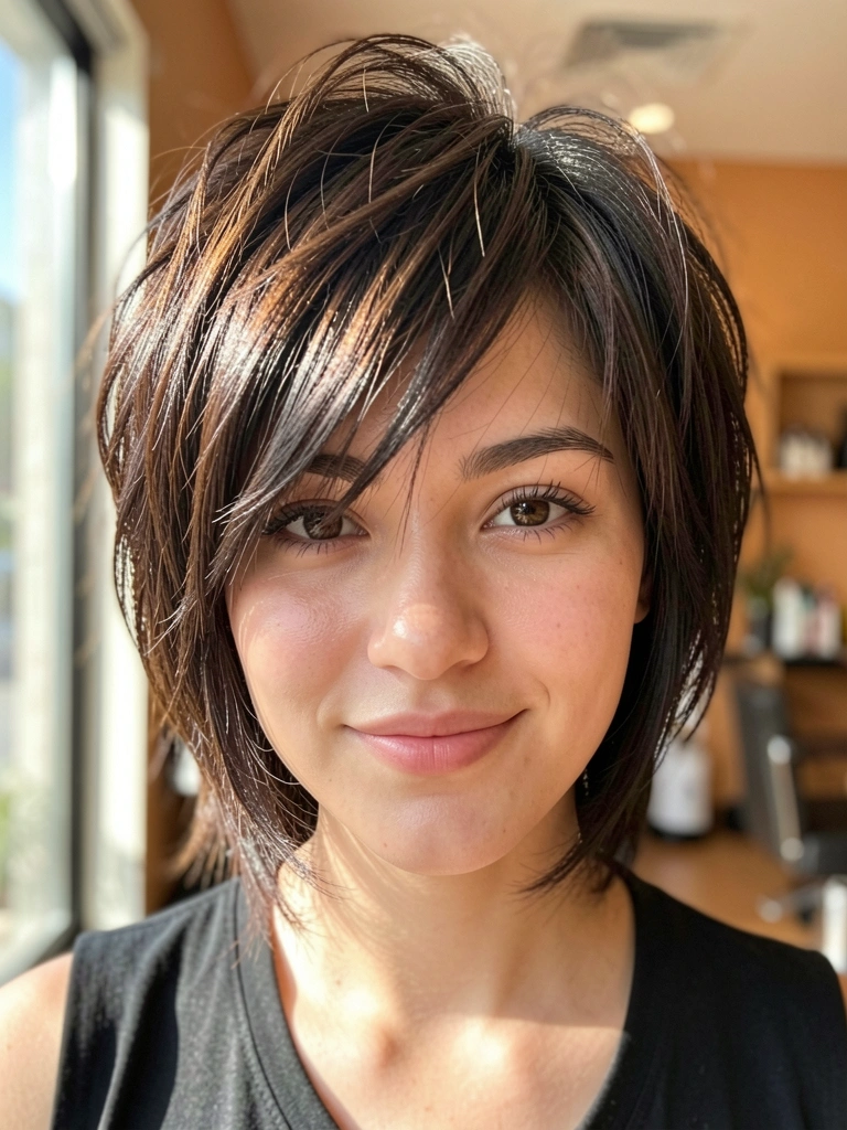 Jovem com cabelo shaggy castanho escuro e camadas, luz natural difusa e fundo desfocado de interior quente.