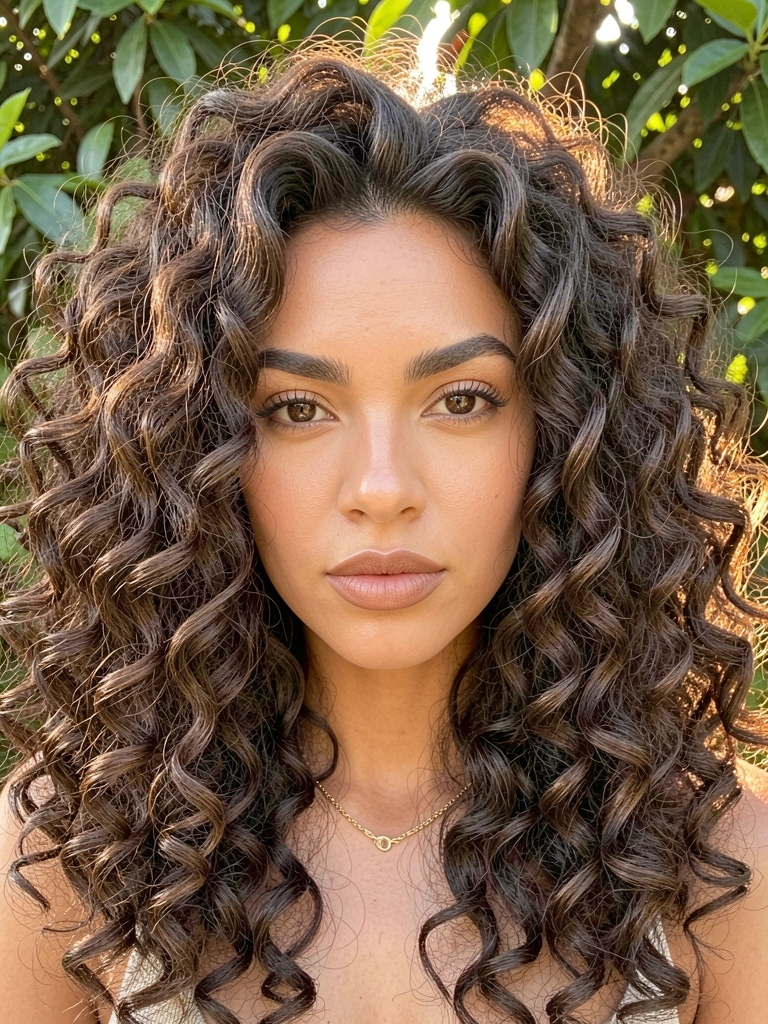 Mulher de cabelos castanhos escuros cacheados volumosos, colar dourado fino e batom nude, olhando para a câmera com luz suave e folhagem verde ao fundo.