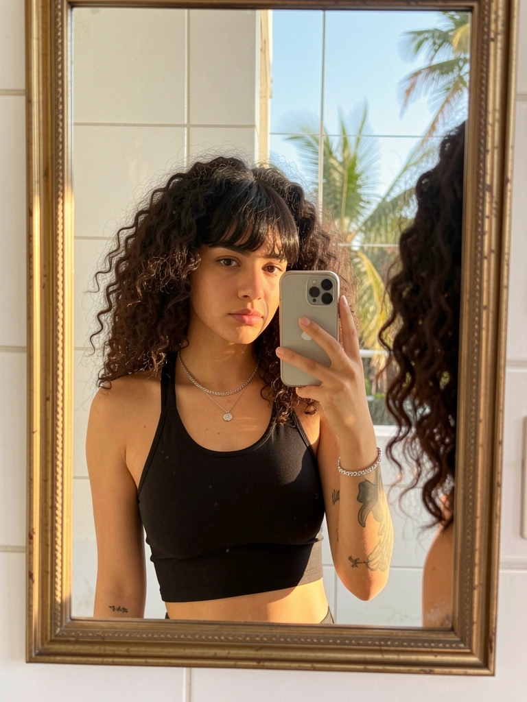 Reflexo no espelho de mulher com cabelo cacheado escuro e franja segurando smartphone, blusa preta, colar de prata e pulseira, parede de azulejos brancos, luz natural.