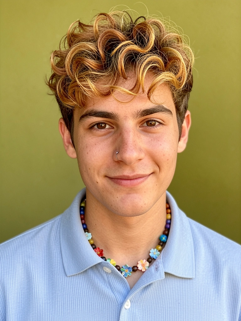 Jovem com cabelo cacheado e mechas carameladas, piercing no nariz e sorriso sutil, camisa polo azul listrada e colar com pingentes florais, fundo verde aquecido e luz natural suave.
