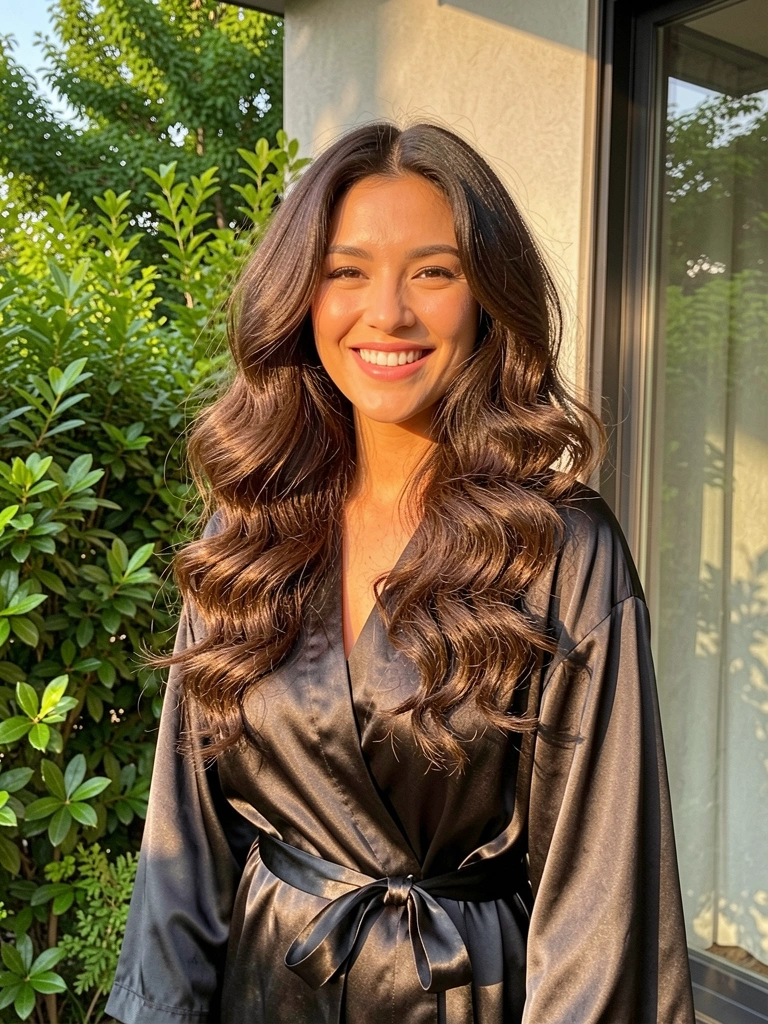 Mulher sorridente com cabelos ondulados escuros e roupão preto acetinado sob luz natural filtrada por folhagens, parede externa moderna ao fundo.