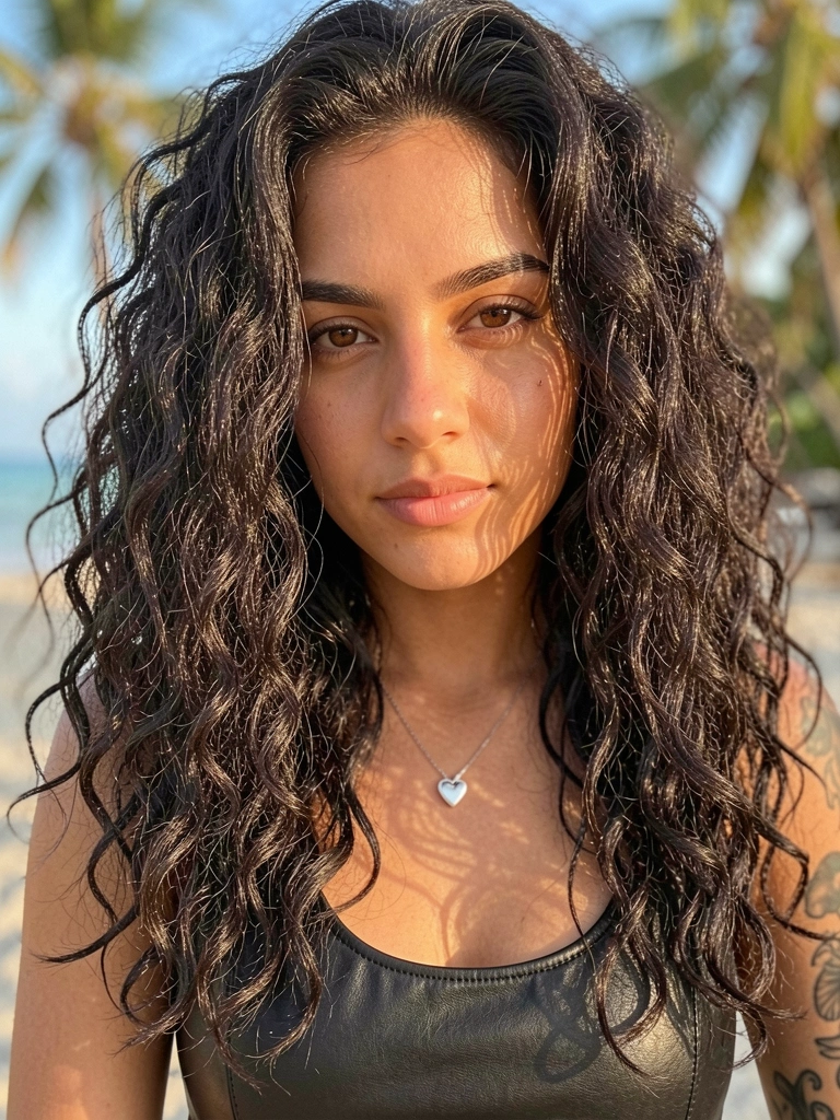 Mulher com cabelo escuro ondulado, olhos castanhos e colar de coração de prata, usando top de couro preto, tatuagens visíveis no braço, luz natural suave e fundo tropical desfocado.