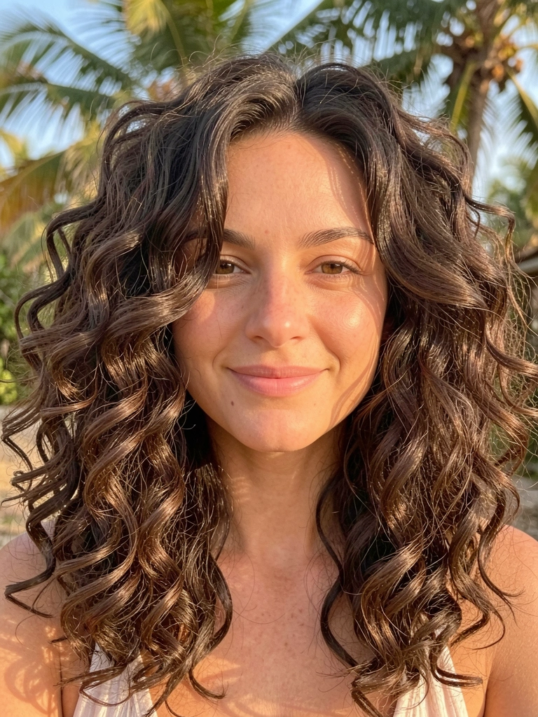 Cachos castanhos escuros volumosos emoldurando rosto feminino com sorriso sutil, luz natural filtrada e fundo tropical desfocado.