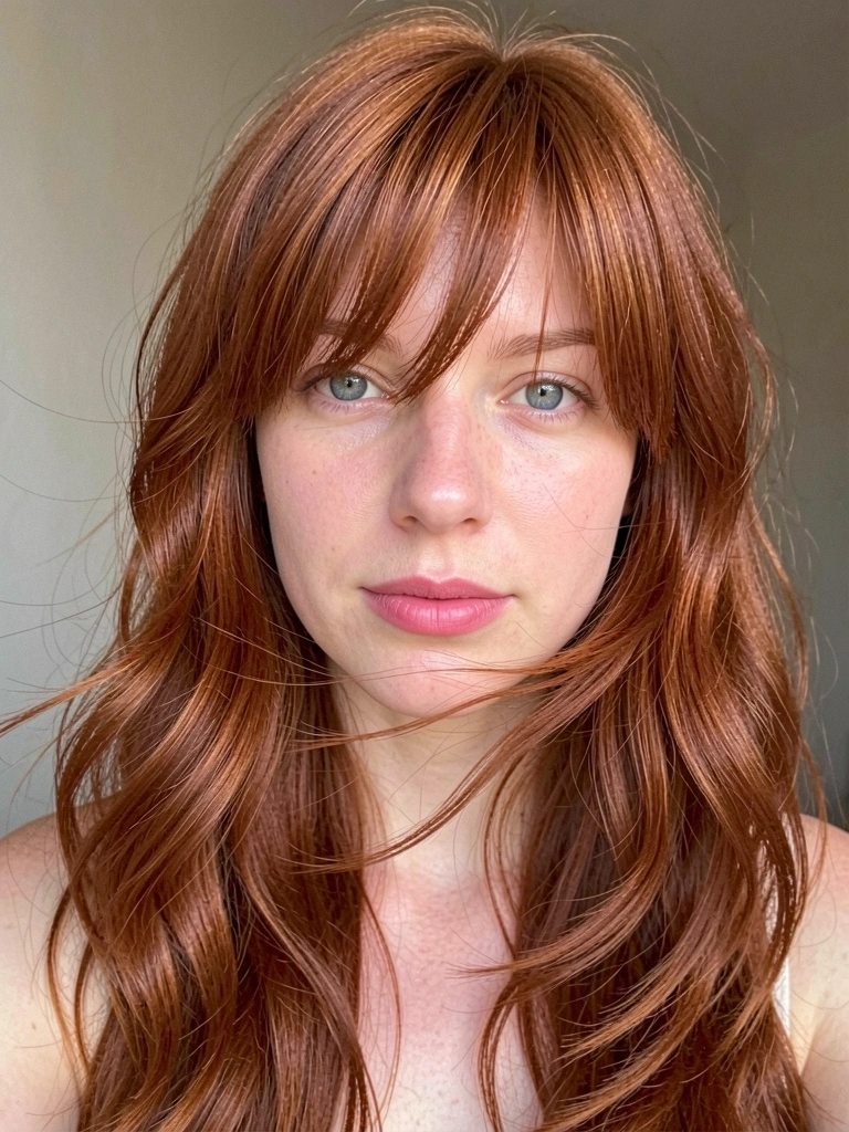 Mulher de cabelos ruivos ondulados ao vento, pele clara e olhos azuis, fundo cinza desfocado com luz suave.