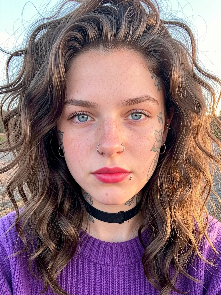 Close-up de jovem com cabelo cacheado volumoso, suéter roxo, colar preto e brincos de prata, luz natural suave.