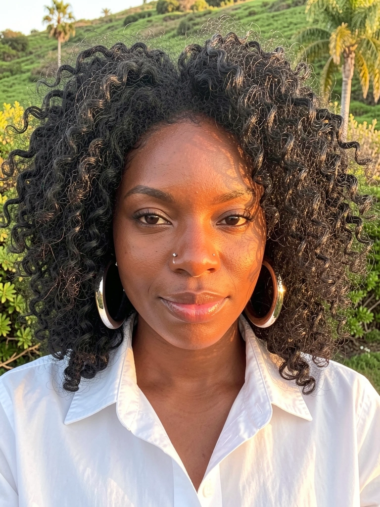 Close-up de uma mulher negra de cabelos crespos volumosos, piercing no nariz, camisa branca e brincos de argola prateados, com colina verde e palmeiras ao fundo na luz dourada.