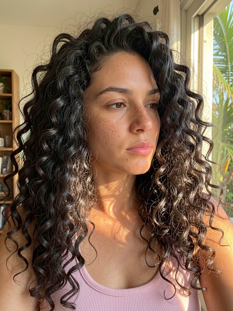 Retrato de mulher com cabelo cacheado escuro volumoso, blusa rosa claro, luz natural filtrada e fundo desfocado.