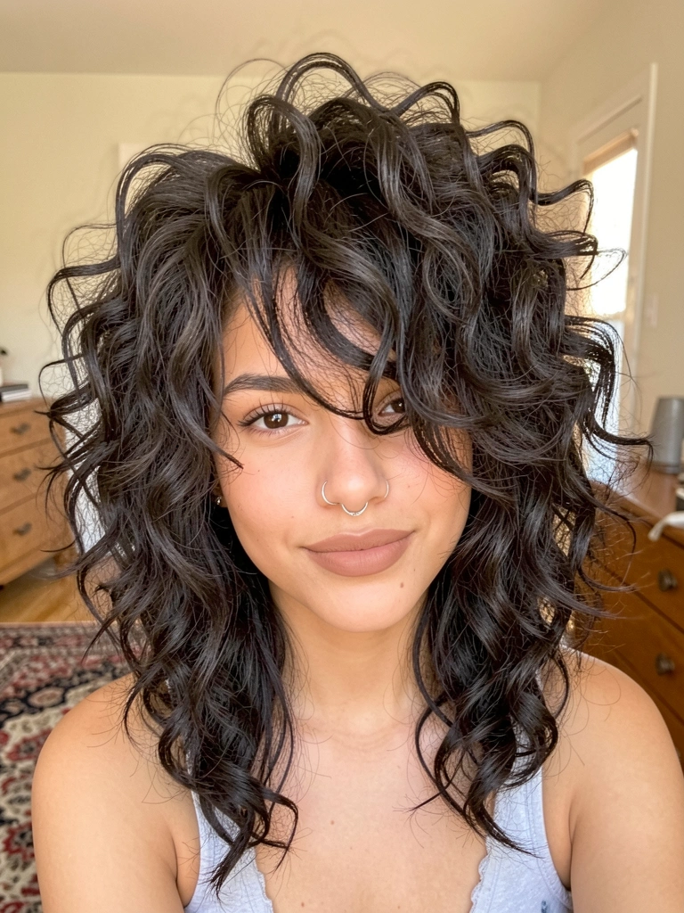 Jovem com cabelo cacheado volumoso e corte wolf cut, brinco de prata e batom nude, fundo de quarto com carpete e cômoda de madeira sob luz natural.