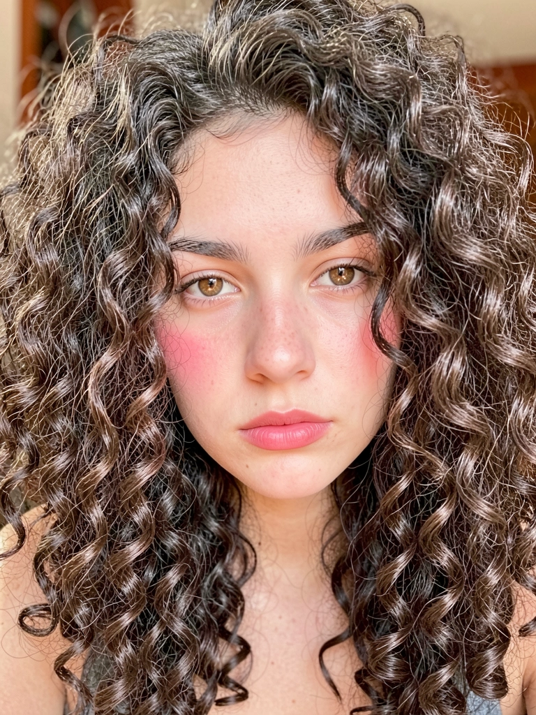 Jovem com cabelo cacheado castanho escuro e olhos castanhos, olhando para a câmera com expressão pensativa, iluminação natural suave e fundo levemente desfocado.