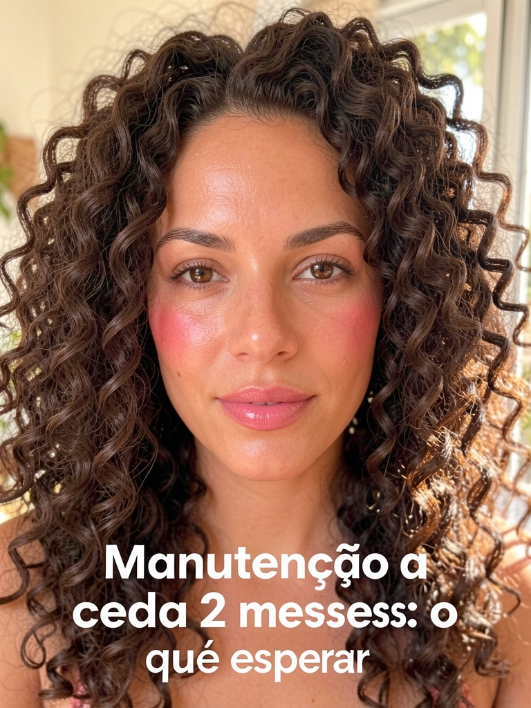 Retrato de mulher com cabelo cacheado volumoso, pele radiante e lábios rosados, luz natural suave ao fundo.