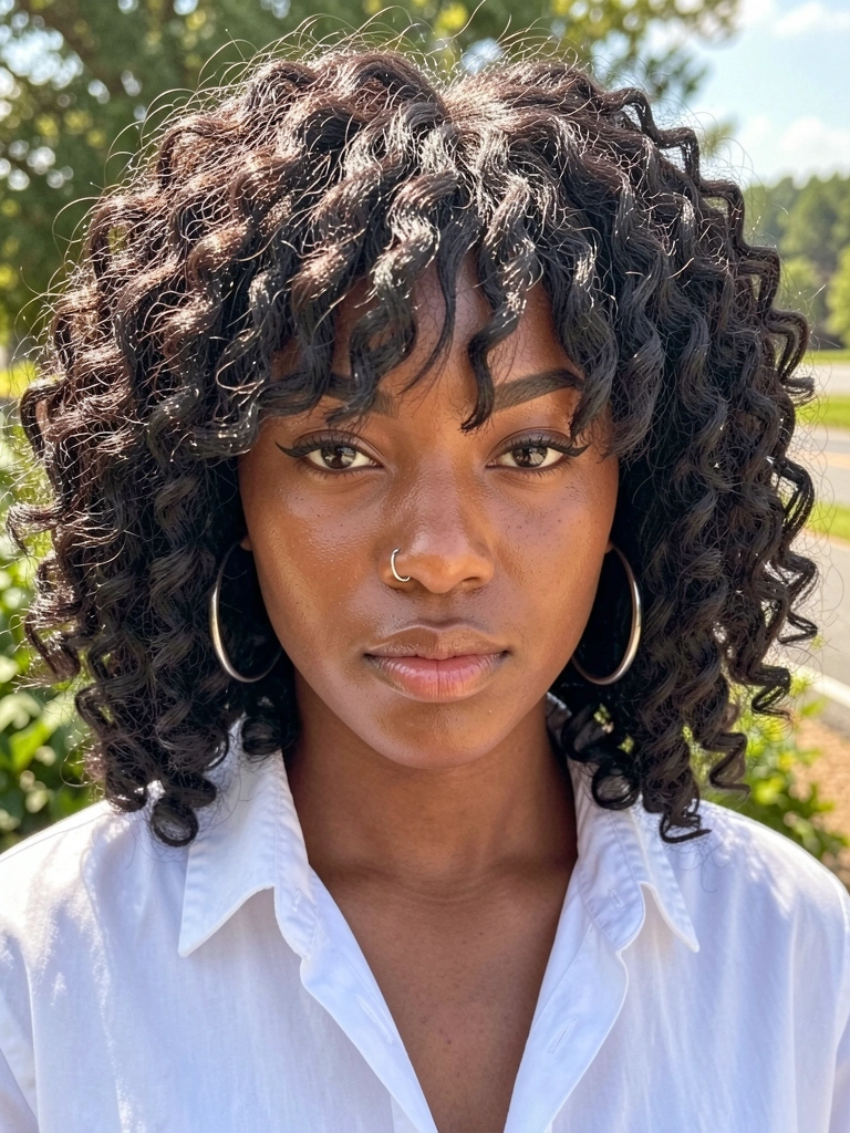 Jovem mulher negra com cabelo cacheado volumoso, brincos grandes de prata e camisa branca aberta, fundo verde desfocado com luz natural.
