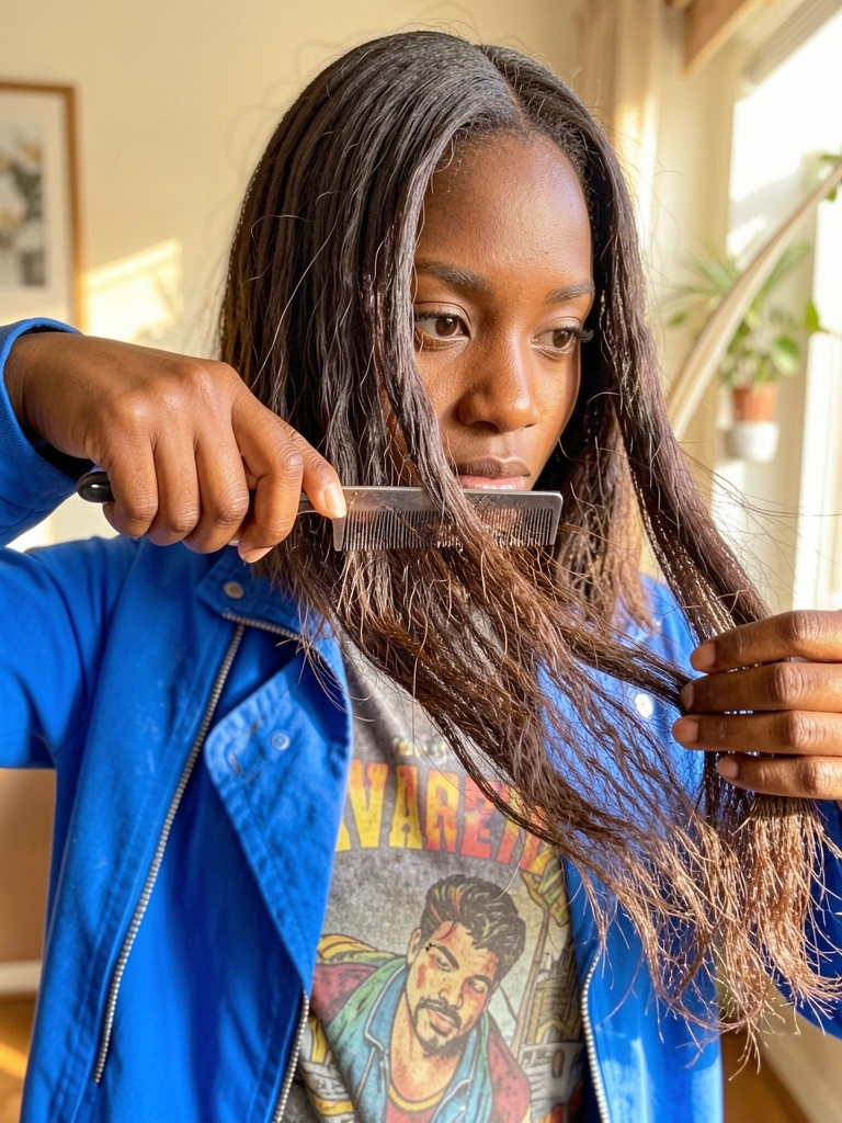 Mulher negra corta os próprios cachos longos com pente, jaqueta azul vibrante, luz natural quente, fundo desfocado.