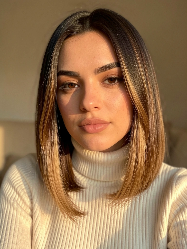 Jovem de cabelo castanho escuro em corte long bob com luzes suaves, suéter de gola alta creme, iluminação dourada natural e fundo neutro desfocado.