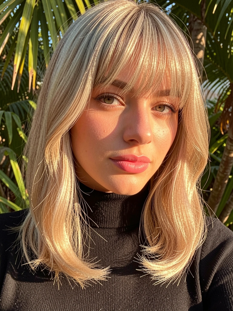 Jovem de cabelo loiro com ondas suaves e franja, usando gola alta preta, luz natural filtrada por folhas.